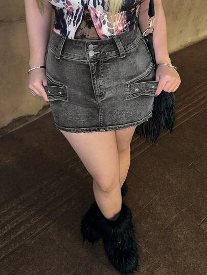 Grunge Punk Große Größen Frauen Sexy Vintage Destroyed Nieten Mini Denim Rock, Dehnbarer Stoff