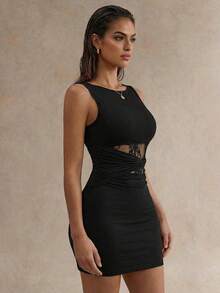 Glamine Women's Round Neck Sleeveless Pleated Sexy Lace Patchwork Bodycon Dress - Black - View 3