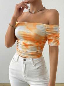 Glamine Women's Tie-Dye Print Fashion Off-Shoulder Ruched Short Sleeve T-Shirt - Orange - View 3