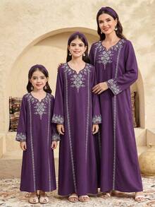 SHEIN Young Girl Geometric Pattern Long Sleeve Loose Dress - Purple - View 4