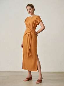 MOTF PREMIUM 夏季优雅别致法式亚麻圆领系腰连衣裙 - 黃色 - 查看 5