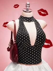 SHEIN ICON 大码女式波点镂空性感吊带背心 - 黑與白 - 查看 2