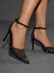 CUCCOO SZL Giày cao gót mũi nhọn màu sâm panh đính đá và lưới, giày dự tiệc cưới sang trọng lấp lánh dành cho nữ. - Than chì đen - Xem 5