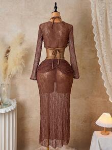 Bonvoyette 3pcs Lace Sheer Crop Top, High Waist Pleated Mini Skirt Sexy Outfit Set, Suitable For Dates - Coffee Brown - View 2