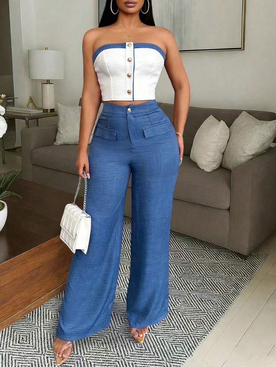 Vavine 女士撞色单排扣吊带背心和阔腿裤休闲通勤两件套 - 藍白色 - 查看 1