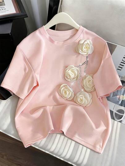 Resyla Exquisite 3D Floral Decor + Rhinestone Embellished Minimalist Women Short Sleeve Crew Neck T-Shirt, A Gift For Friends