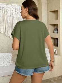 SHEIN LUNE Áo thun nữ cỡ lớn màu trơn cổ tròn tay cánh dơi vạt bất đối xứng kiểu dáng thường ngày - xanh quân đội - Xem 2