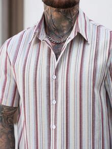 EGENSIO Men's Casual Coffee Striped Short Sleeve Shirt, Summer - Coffee Brown - View 3