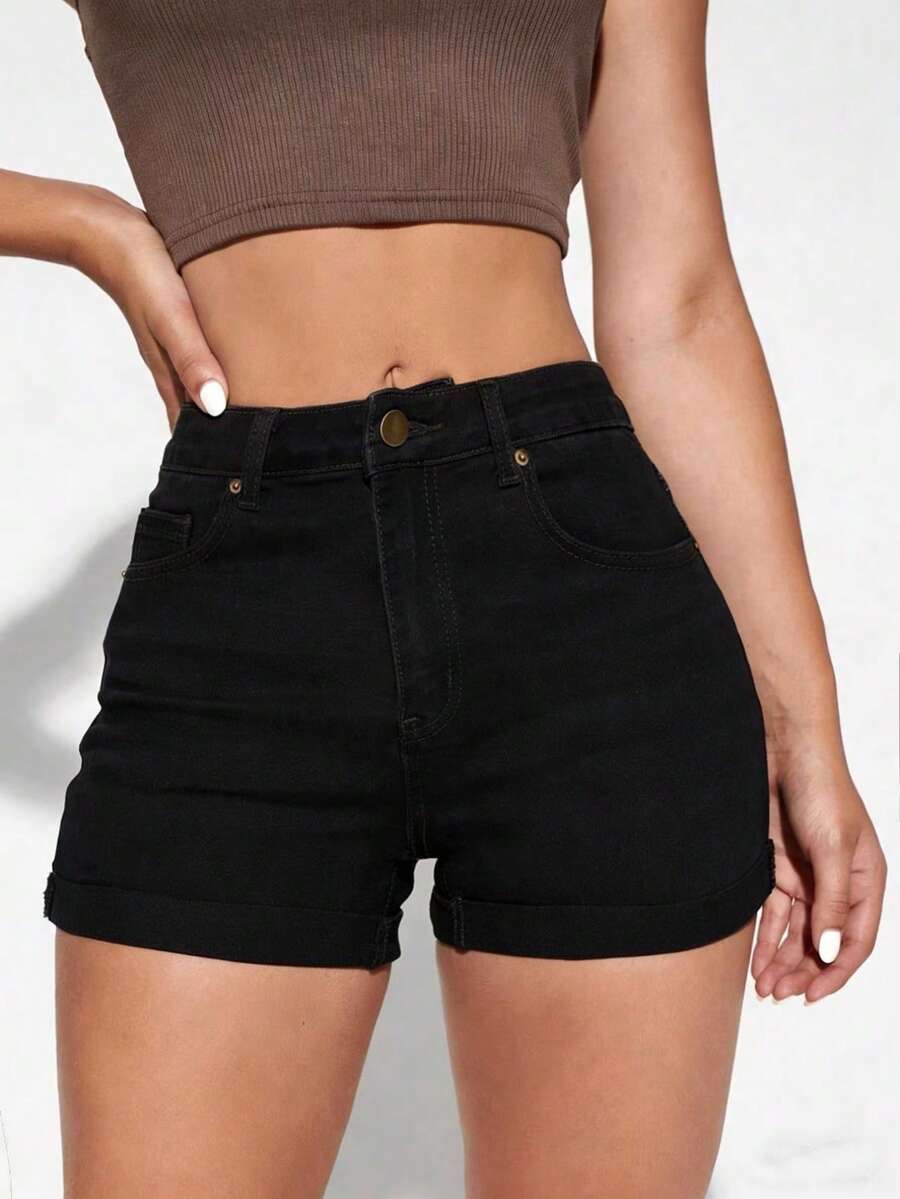 Flexra Casual Slim-Fit Denim Shorts, Summer - Black - View 1