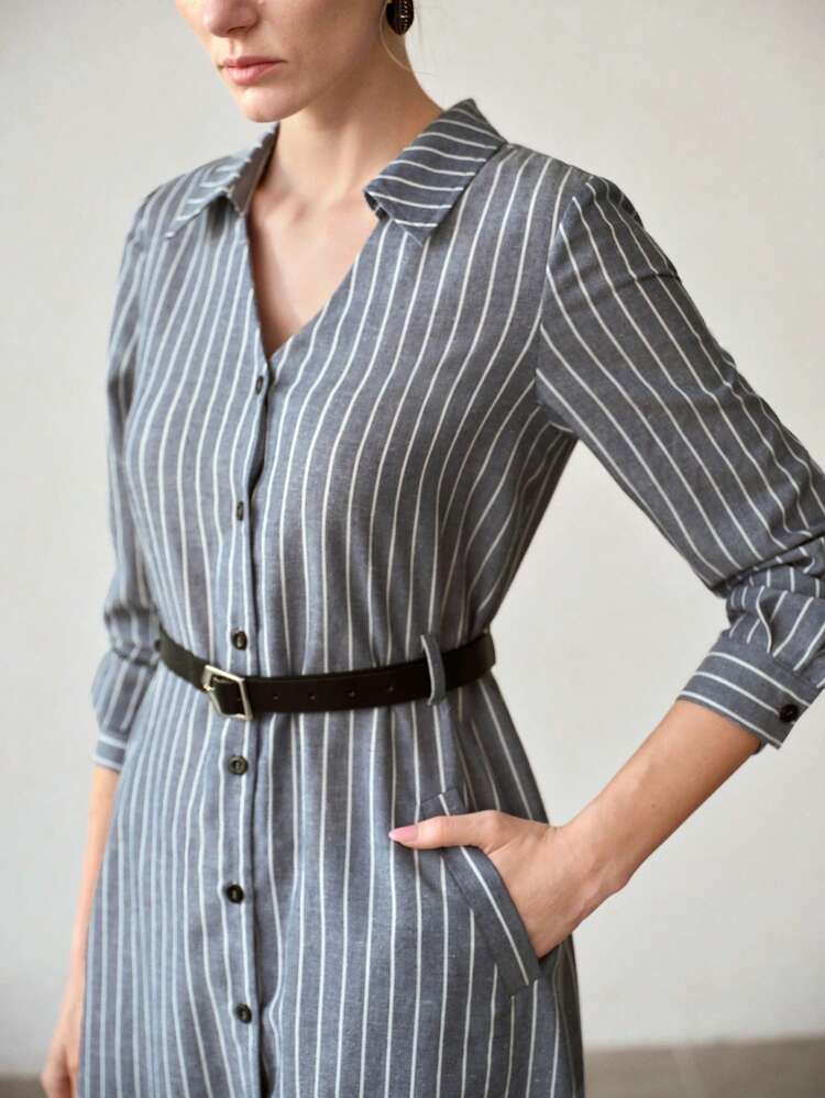 V-NECK STRIPED LONG SLEEVE LINEN MID-LENGTH DRESS FOR WOMEN