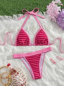 Swim Mod 2pcs/Set New Striped Print Halter Sexy Elegant Vacation Bikini Set, Suitable For Beach, Pool, Party - Multicolor - View 3