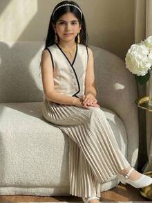 SHEIN Tween Girl Black And White Summmer Formal Contrast Color Button Front Vest Top And Pleated Wide Leg Pants Set,Young Girls Versatile 2 Piece Outfit - Apricot - View 6