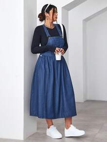 SHEIN EZwear 大码休闲水洗牛仔背带裙 - 中等水洗藍 - 查看 3