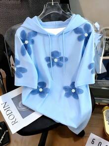 Resyla Women's Casual Cute Macaron Color Floral Print Blue Short Sleeve Top T-Shirt - Blue - View 3