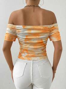 Glamine Women's Tie-Dye Print Fashion Off-Shoulder Ruched Short Sleeve T-Shirt - Orange - View 2