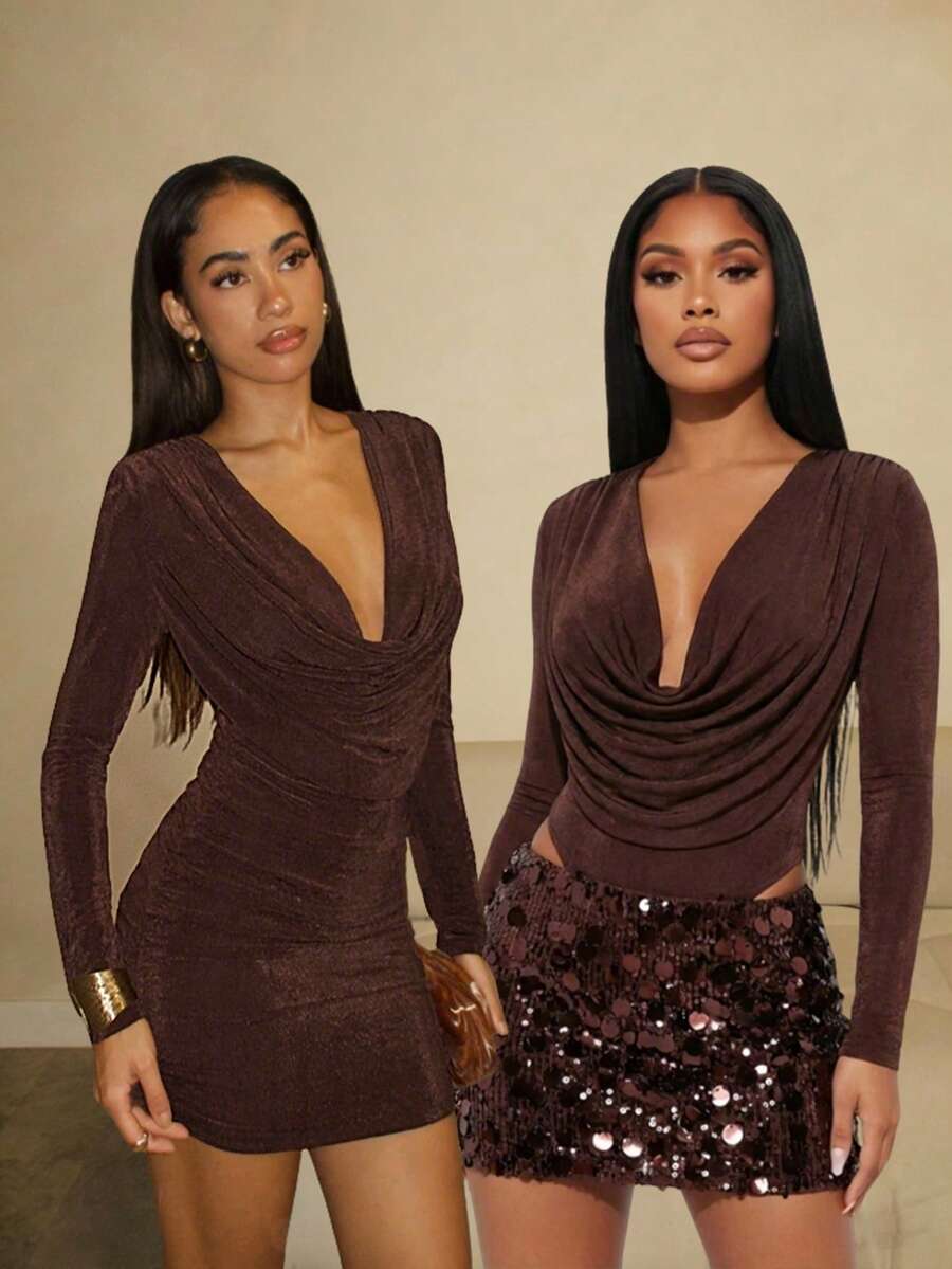 Glamine 女式秋季褶皱优雅垂坠领修身迷你连衣裙 - 棕色 - 查看 1