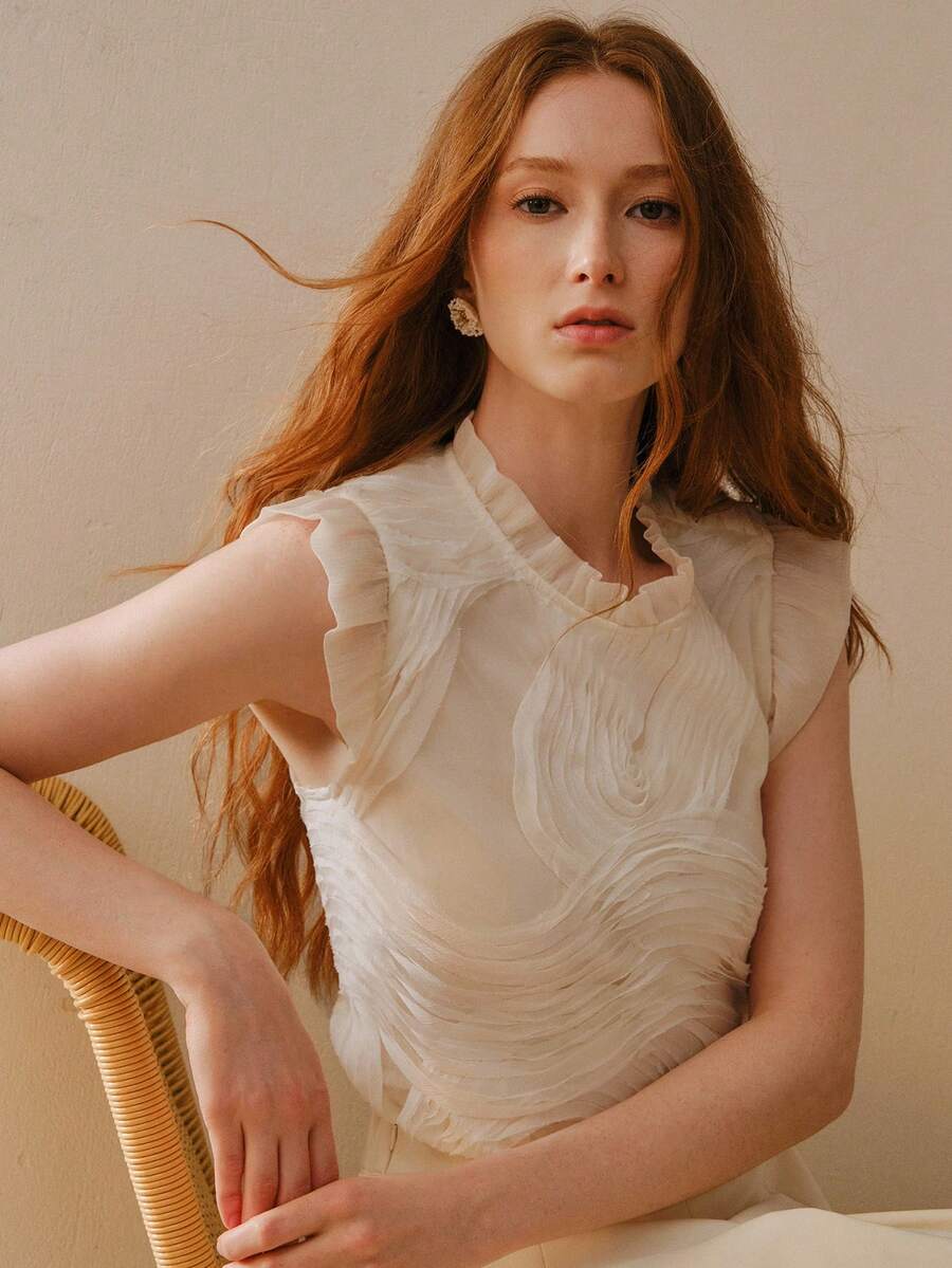 MOTF PREMIUM FASHIONABLE NEW KOREAN STYLE PATCHWORK ASYMMETRICAL TEXTURED DESIGN LOOSE WOMEN TOP - Apricot - View 1