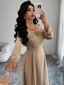 Yasmyna Women's Elegant Minimalist Square Neck Tassel Tie Waist Long Sleeve Summer Formal Evening Embroidered Asymmetric Khaki Woven Dress - Khaki - View 6