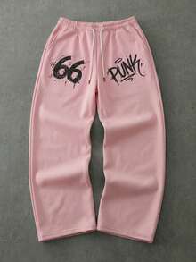 Manfinity Roghcode Men's Numeric Print Drawstring Waist Pocket Casual Pants - Pink - View 4
