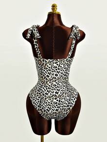 Zestiva Women's Leopard Print Knotted Shoulder Sexy One Piece Swimsuit, Vacation Style For Summer - Multicolor - View 2