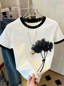 Resyla 女士撞色滚边休闲修身短袖T恤，夏季 - 白色 - 查看 4