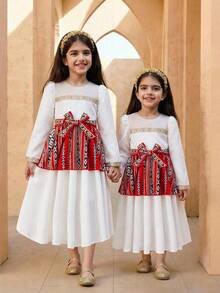 Young Girls White Splice Red Vintage Floral Mesh Midi Dress,Autumn Puff Sleeve Princess Dress - Multicolor - View 3