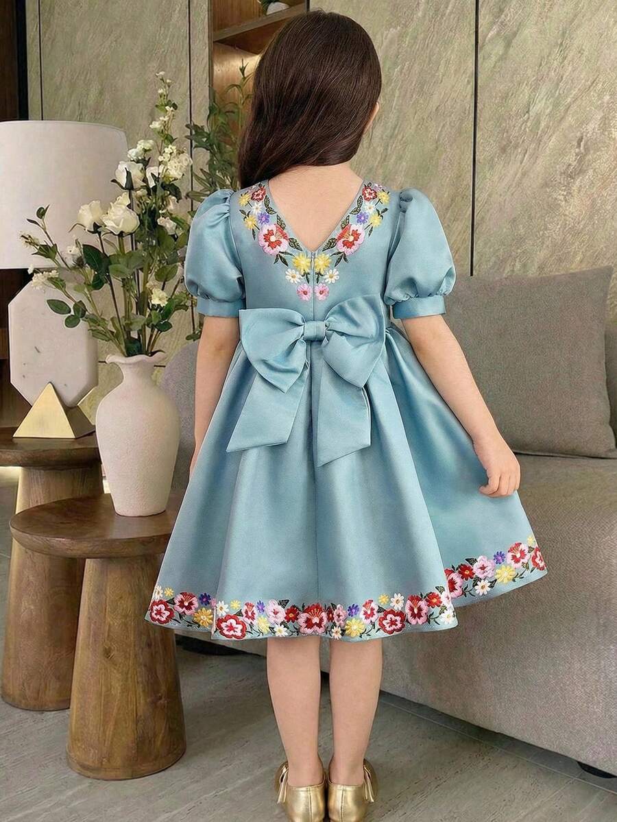 Young Girl Elegant Mandarin Collar Ruffle Embroidered Flare Sleeve Dress - Pink - View 1