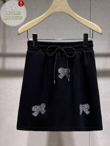 Resyla 女士圆领短袖蝴蝶结装饰休闲夏季套装 - 黑色 - 查看 4