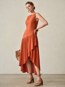 MOTF PREMIUM VESTIDO SIN CINTURÓN CON BAJO ASIMÉTRICO Y FLUIDO SIN MANGAS - Color caoba - Ver 6