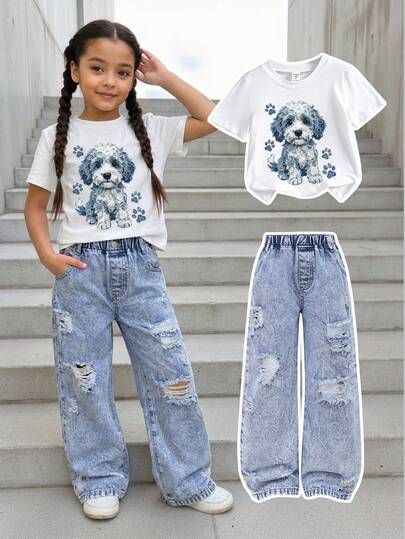 Set de 2 piezas para niñas pequeñas: Blusa de manga corta con cuello redondo y estampado de cachorrito + Pantalones vaqueros elásticos a la cintura desgastados, adecuado para primavera/verano, actividades diarias, al aire ocio