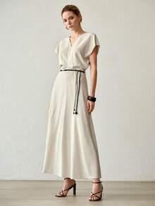 PREMIUM 优雅修身V领亚麻复古风束腰连衣裙，女士夏季款 - 杏色 - 查看 6