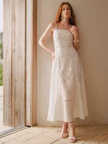 MOTF PREMIUM LIGHTWEIGHT ELEGANT WHITE STRAPS LACE TRIM FLARED HOLLOW OUT DRESS FOR WOMEN, SPRING/SUMMER - White - View 6