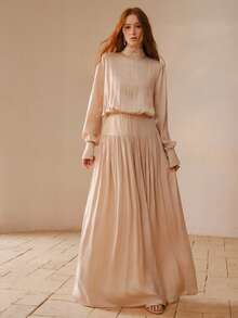 MOTF PREMIUM ELEGANT SATIN GATHERED HIGH NECK CINCHED WAIST DRESS FOR WOMEN, SPRING/SUMMER - Apricot - View 4
