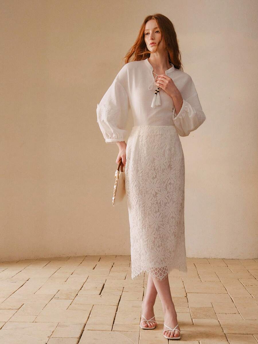 MOTF PREMIUM LACE HIGH WAIST SPLIT HEM SKIRT - Apricot - View 1