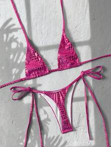 Swim SXY 两件套蛇纹挂脖三角比基尼上衣和侧系带泳裤性感泳装套装，春夏蛇纹比基尼亮片比基尼套装，三件套比基尼套装，水钻比基尼套装，粉色比基尼，交叉比基尼，钩针比基尼套装，两件套纹理比基尼 - 玫紅色 - 查看 7