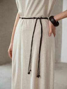 PREMIUM 优雅修身V领亚麻复古风束腰连衣裙，女士夏季款 - 杏色 - 查看 3