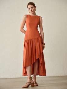 MOTF PREMIUM VESTIDO SIN CINTURÓN CON BAJO ASIMÉTRICO Y FLUIDO SIN MANGAS - Color caoba - Ver 4