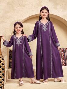 SHEIN Young Girl Geometric Pattern Long Sleeve Loose Dress - Purple - View 7