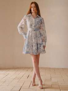 MOTF PREMIUM 法式时尚女式衬衫，衬衫领，长袖，蕾丝边饰，花卉印花，荷叶边下摆，收腰A字型花卉印花连衣裙，优雅 - 淺藍色 - 查看 5