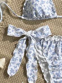 Swim Vcay 2件套女士性感碎花荷叶边V领挂脖比基尼套装，夏季 - 彩色 - 查看 5