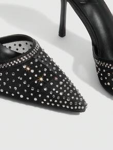 CUCCOO SZL Giày cao gót mũi nhọn màu sâm panh đính đá và lưới, giày dự tiệc cưới sang trọng lấp lánh dành cho nữ. - Than chì đen - Xem 6