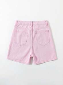 SHEIN EZwear 休闲纯色牛仔短裤，夏季 - 粉色 - 查看 2