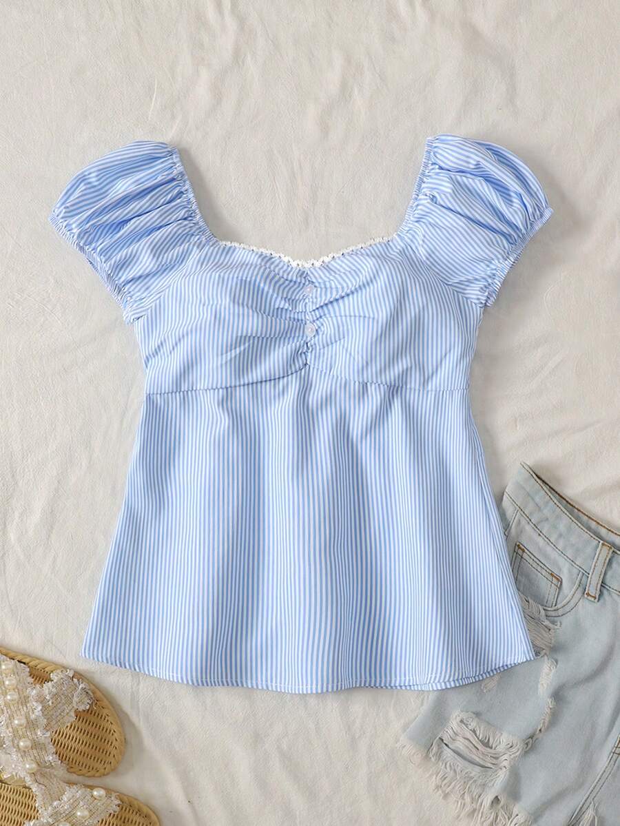 SHEIN 少女条纹荷叶边心形领插肩短袖可爱上衣 - 藍色 - 查看 1