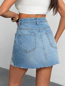 EURMUSE Low Waist Ripped Snow Wash Denim Skirt - Light Wash - View 2