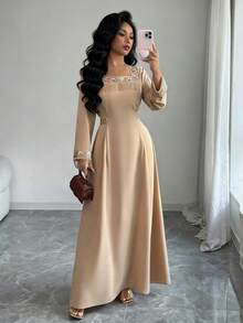 Yasmyna Women's Elegant Minimalist Square Neck Tassel Tie Waist Long Sleeve Summer Formal Evening Embroidered Asymmetric Khaki Woven Dress - Khaki - View 4
