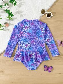 女童豹纹蝴蝶印花插肩袖拉链连体泳衣 - 紫色 - 查看 2