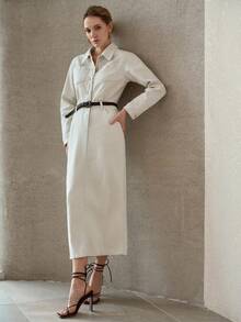 MOTF PREMIUM 时尚半开襟牛仔连衣裙，不带腰带 - 米色 - 查看 4