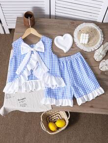 Sparklyn Bộ đồ dễ thương cho bé gái tuổi teen: áo tank top và quần short kẻ caro phối bèo nhún, có nơ trang trí. - Xanh và trắng - Xem 7