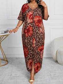 SHEIN Lady CURVE 春夏休闲优雅波西米亚风黑色编织V领直筒束腰连衣裙卡夫坦长款加大码连衣裙复活节连衣裙女士春季服装女士度假服装女士沙滩服装女士沙滩度假连衣裙婚礼宾客连衣裙女士商务休闲女士舞会礼服 - 彩色 - 查看 3