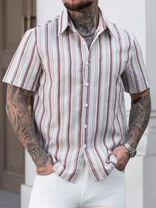 EGENSIO Men's Casual Coffee Striped Short Sleeve Shirt, Summer - Coffee Brown - View 1